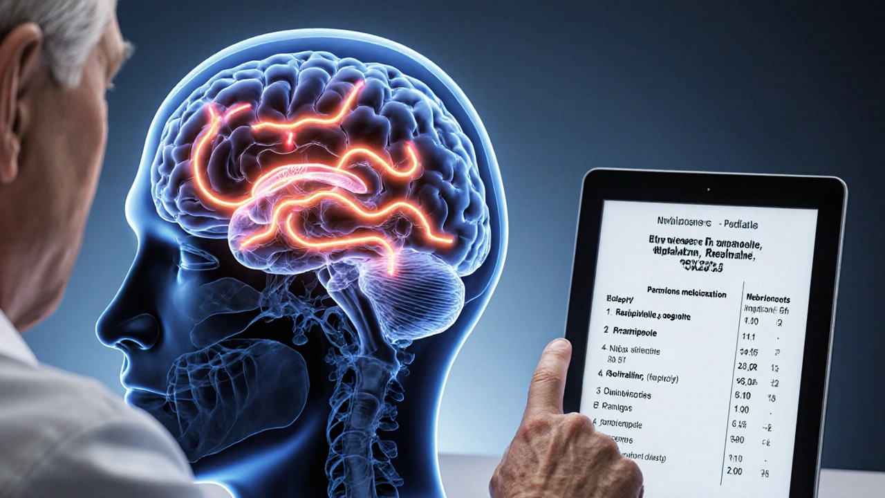 3‑D brain illustration showing dopamine pathways with a doctor pointing at it and a medication chart on a desk.