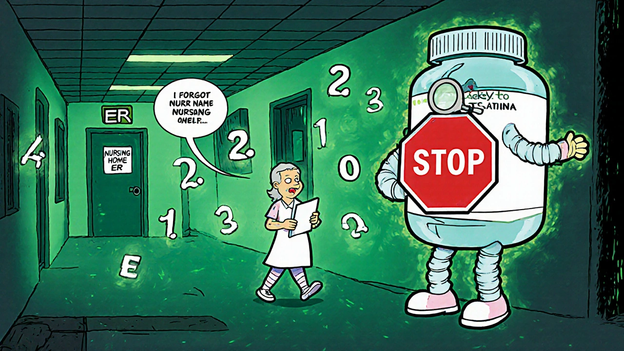 A confused patient lost in a hallway of ACB scale numbers, blocked by a giant pharmacist holding a stop sign.