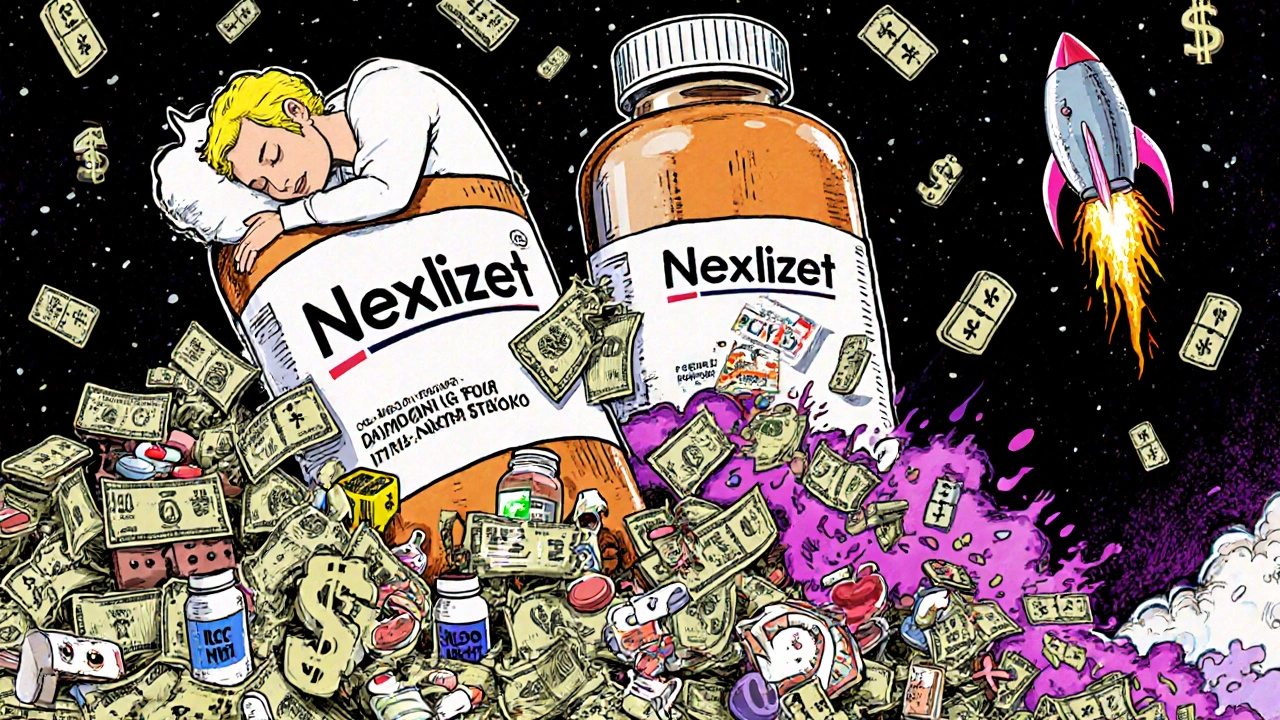 A giant Nexlizet pill crushing insurance bills and cholesterol numbers in a surreal cartoon scene.