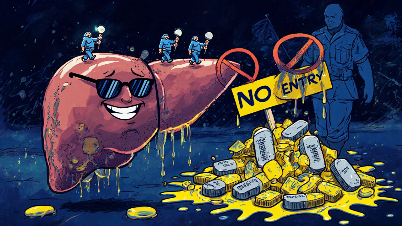 A smirking liver being protected by bempedoic acid pills while statins lie defeated nearby.