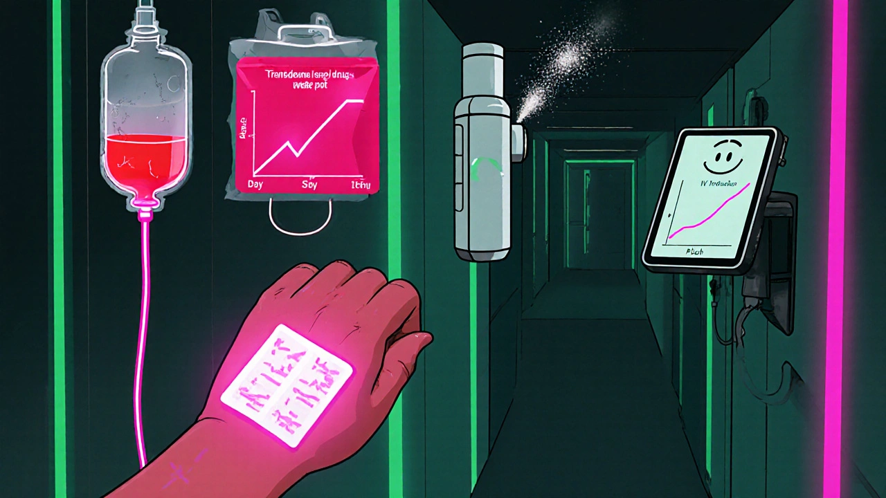 Arm with glowing patch, IV drip, inhaler, and smart tablet monitor drug delivery in a futuristic clinic.