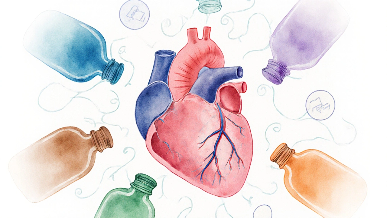 Array of medication bottles encircling a stylized heart, representing alternative heart‑failure drugs.