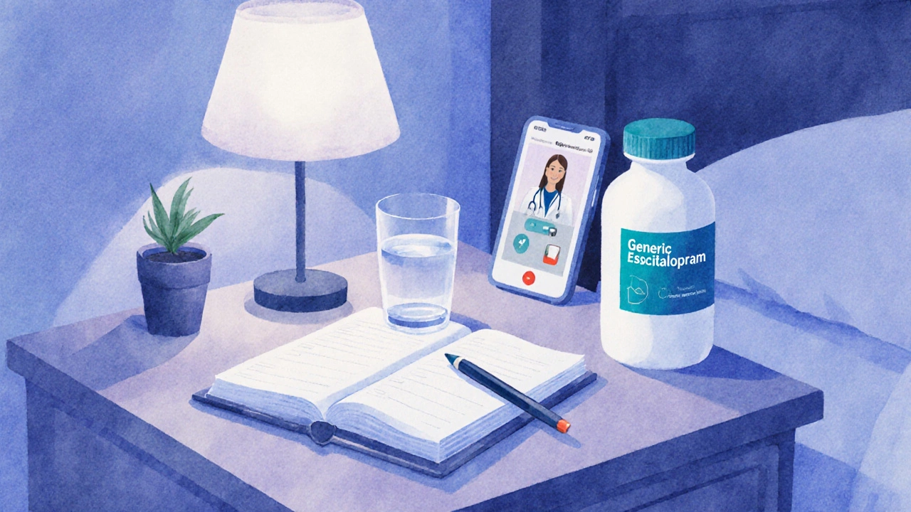 Bedroom nightstand with medication diary, bottle, and video call with doctor.