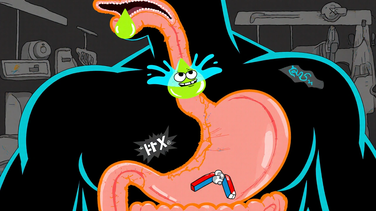 Cartoon cross‑section showing acid reflux, LES, and hiatal hernia.