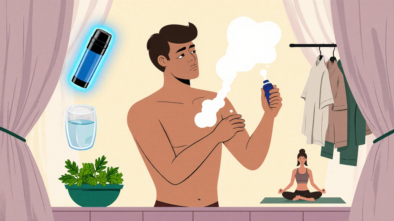 Cartoon freshness routine with shower, deodorant, water, herbs, and yoga.