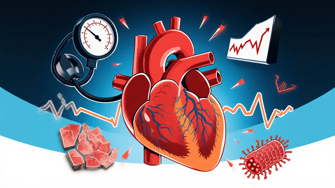 Cartoon heart with pulsating lines, blood pressure gauge, and jagged ECG waveform.