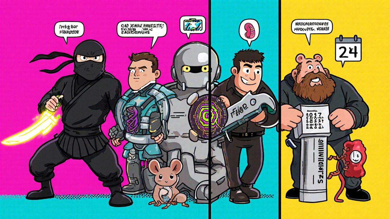 Cartoon lineup of immunosuppressant drugs as distinct characters with side‑effect icons.