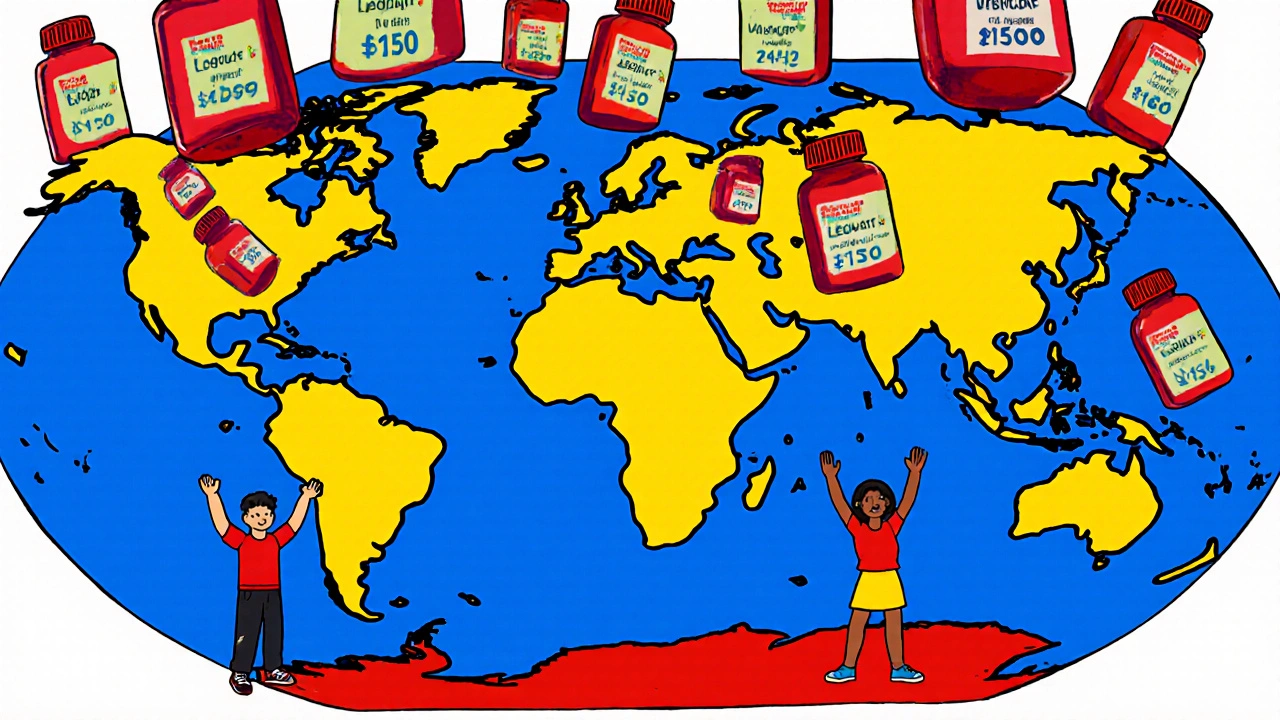 Cartoon world map showing generic HCV pills spreading to low‑income countries.