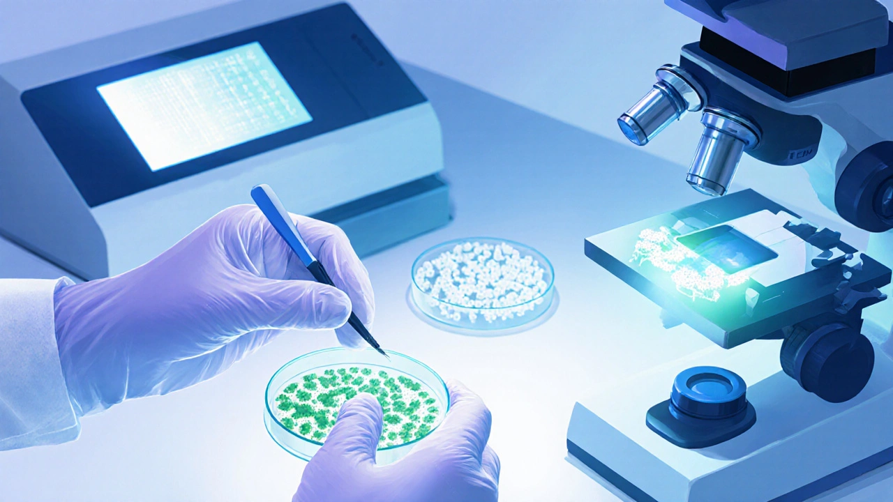 Close-up of a clinician performing skin scraping with microscope and PCR machine in a lab.
