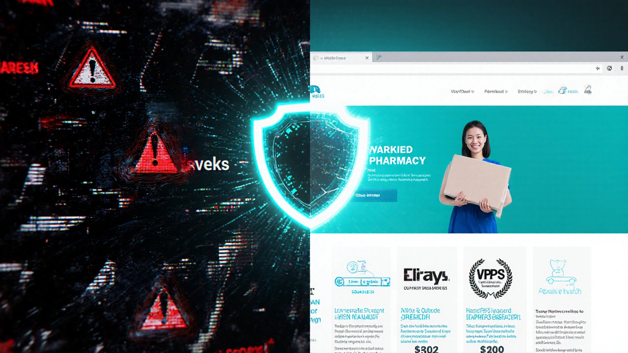 Conceptual split-screen showing a risky fake pharmacy vs a safe, shield‑protected online pharmacy.