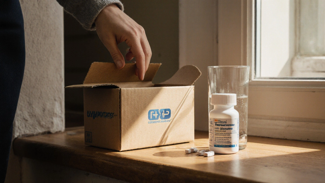 Delivery box on a doorstep being opened, revealing a tetracycline bottle on a kitchen counter.
