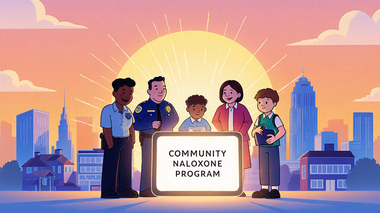 Diverse community members gather around a glowing naloxone tablet against sunrise.