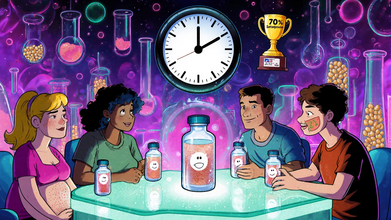 Diverse people healing skin at a glowing skin-cell table with holograms and FDA stamp.