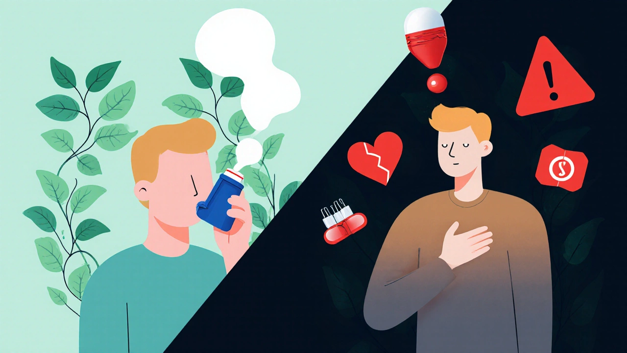 Divided image of a person using albuterol inhaler versus a person in chest pain from clenbuterol.