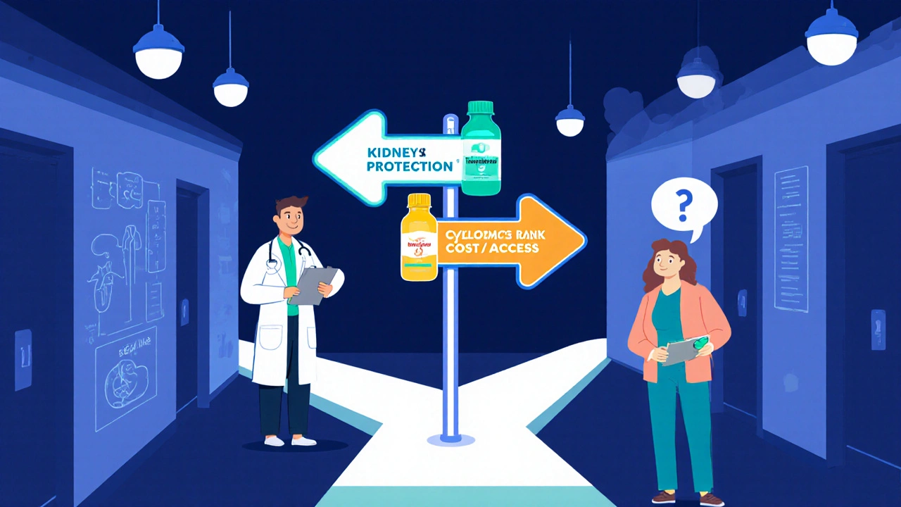 Doctor at a neon‑lit decision signpost pointing to different immunosuppressant options.