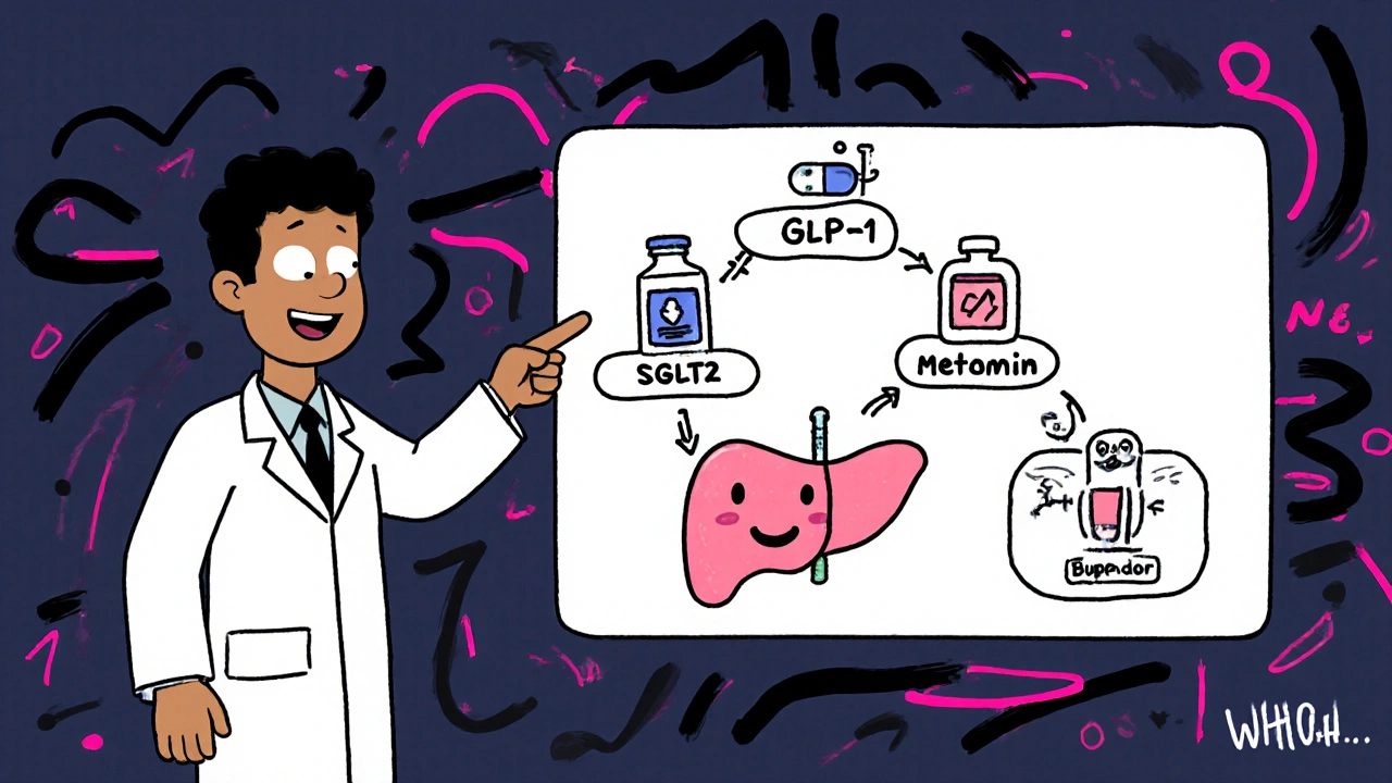 Doctor points to a flowchart showing GLP‑1 syringe replaced by alternative medicines, with a smiling pancreas.