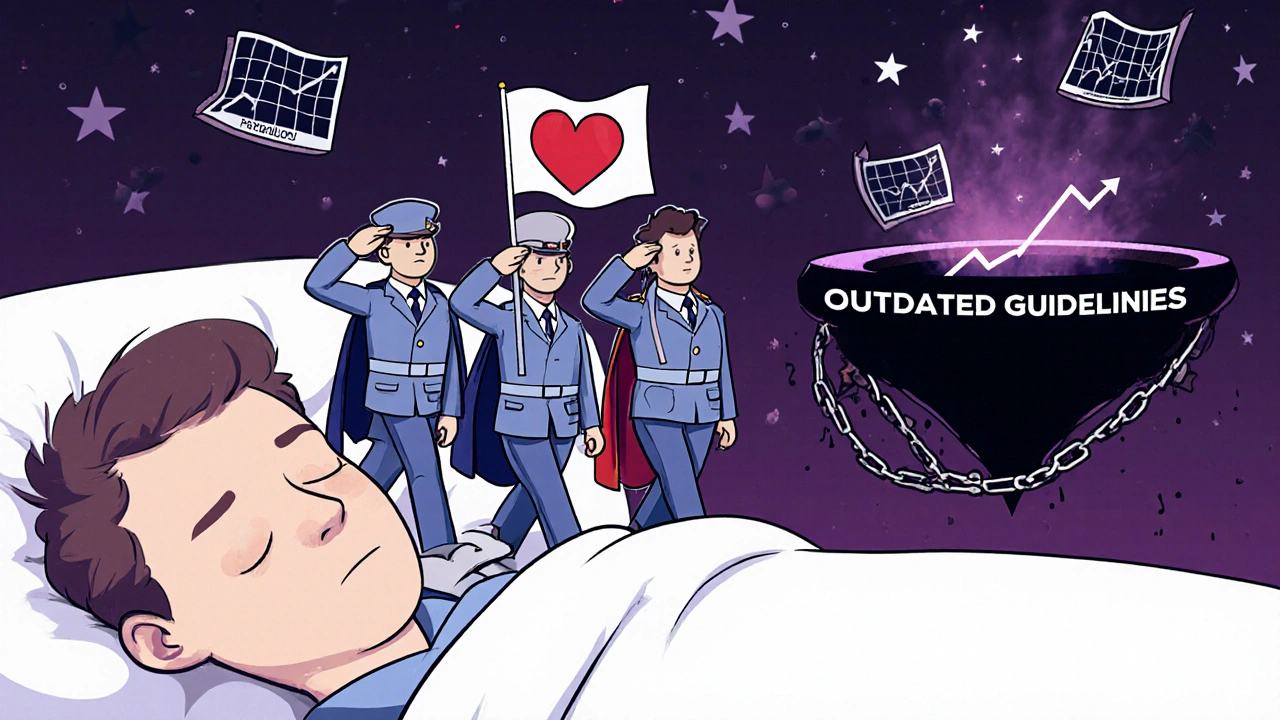 Dream scene with friendly cardioselective pills marching as villains are banished, FEV1 graphs rising above.