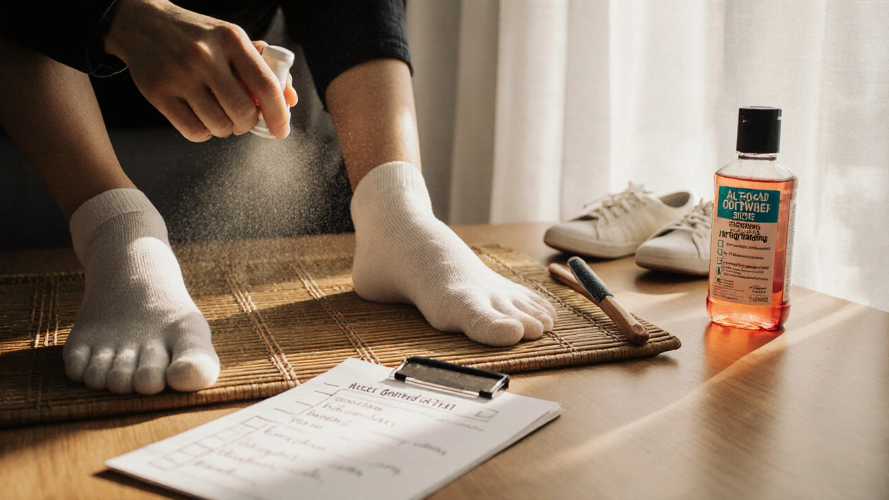 Feet being treated with antifungal powder beside a home foot‑care kit and a checklist.