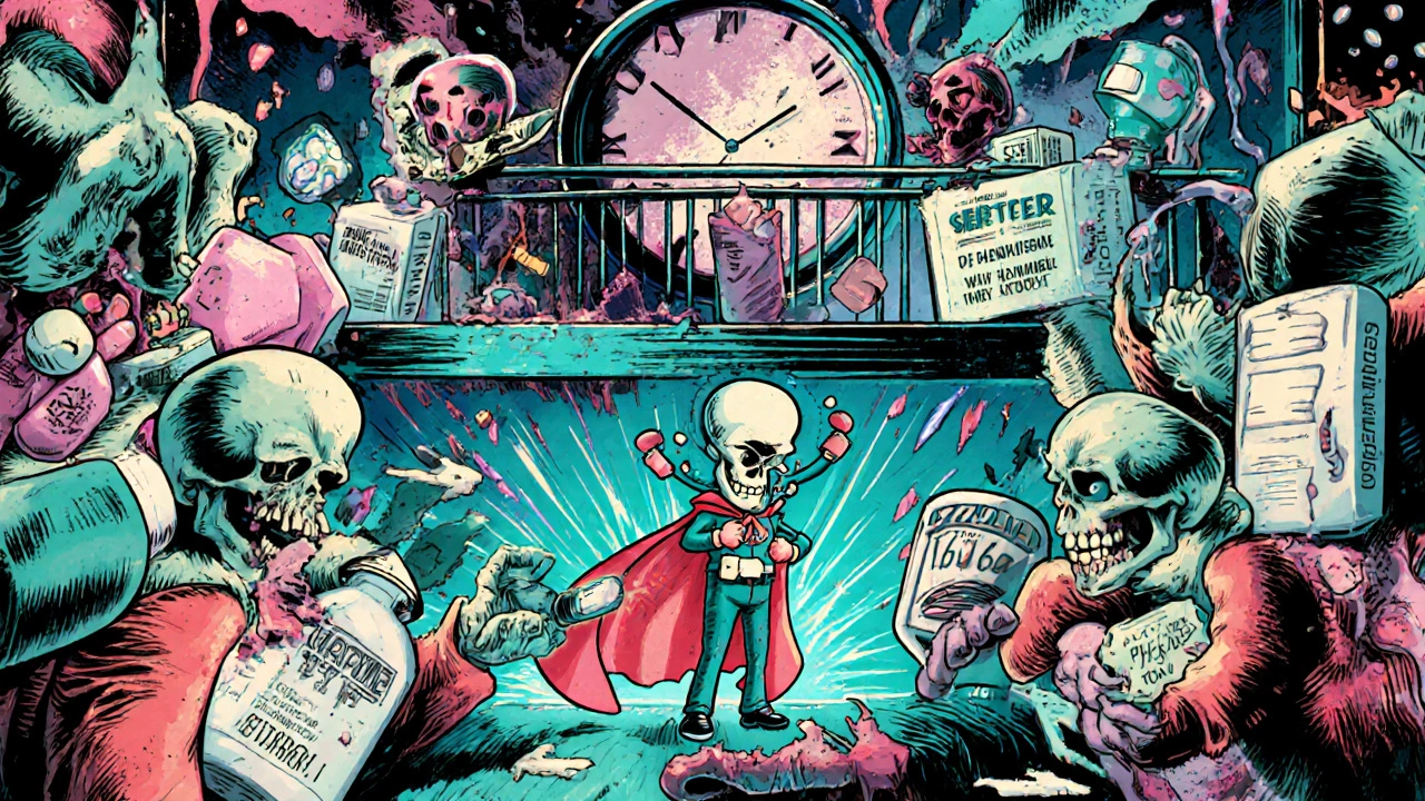 First-gen antihistamine villains battling SSRI hero on a pharmacy shelf with second-gen antihistamines calmly drinking tea.