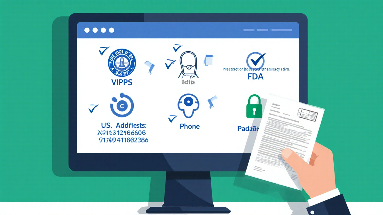 Flat illustration of a computer screen with a verification checklist and a prescription document.