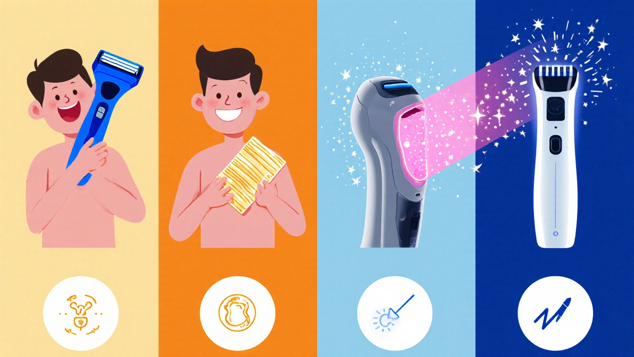 Four cartoon panels compare shaving, waxing, laser, and electrolysis.