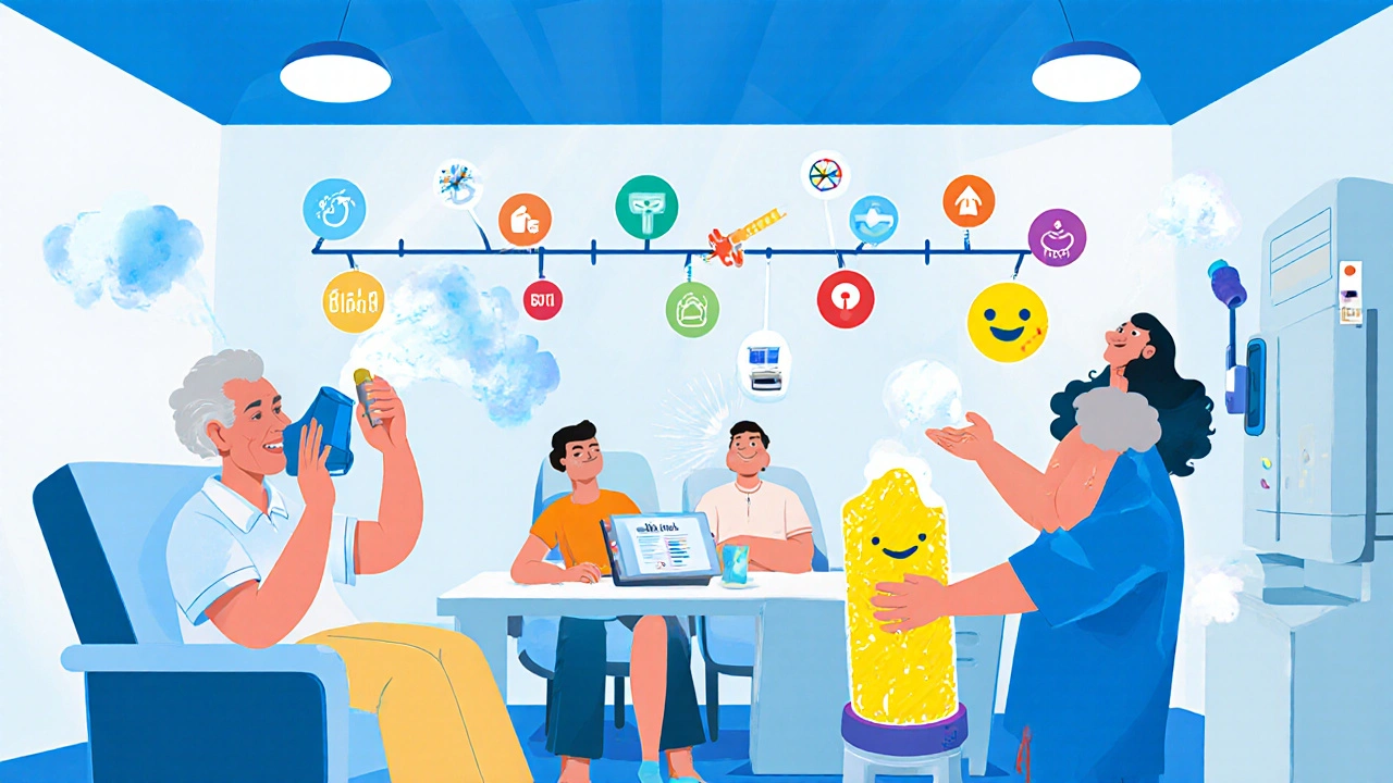 Future clinic cartoon with soft‑mist inhaler, nasal spray, and foam treatment plus a trial timeline.