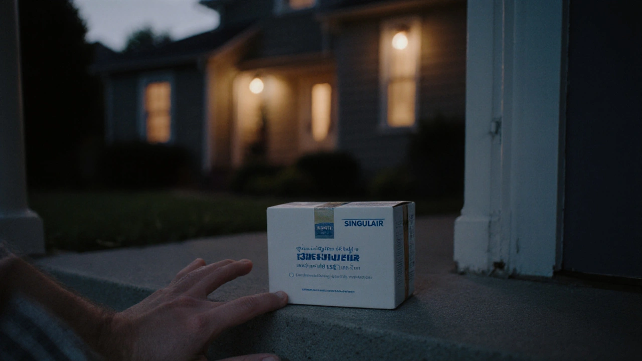 Hand picking up a sealed medication box from a porch at dusk.