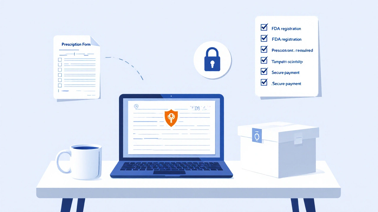 Home office desk with laptop showing a shield icon, a discreet box, and a checklist of pharmacy safety steps.