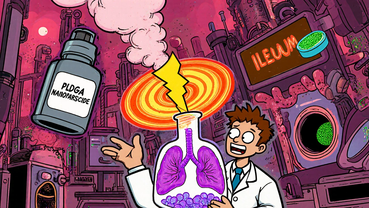 Lab cartoon showing nanoparticle bubbles, dual‑action inhaler mist, and micro‑dose tablet in an ileum tunnel.