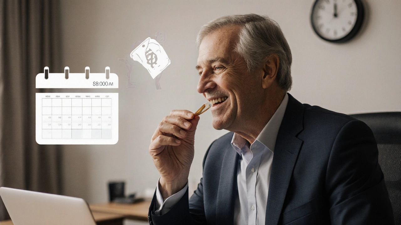 Mid‑40s professional taking a Rasagiline tablet at his office desk with clock and subtle price icon.