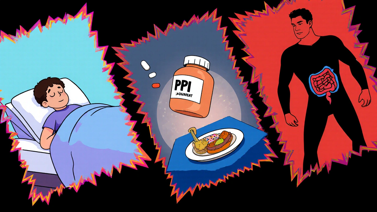 Montage of sleep, small meals, pills, and surgery for GERD relief.