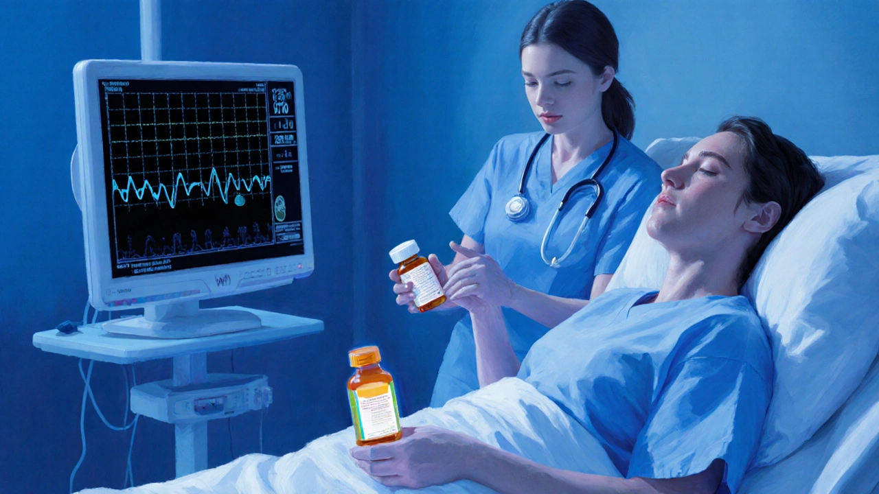 Nurse tapering digoxin while starting metoprolol, heart monitor displaying stable rhythm.