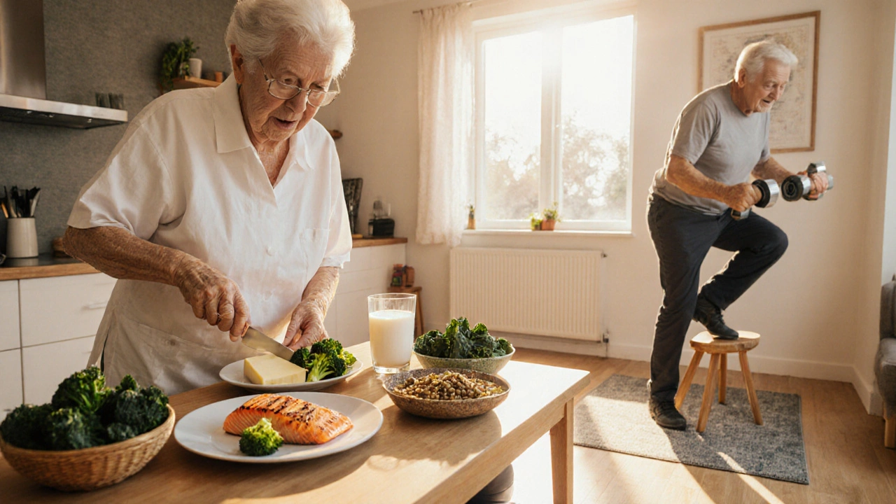 Older couple preparing calcium‑rich foods and doing light weight‑bearing exercise.