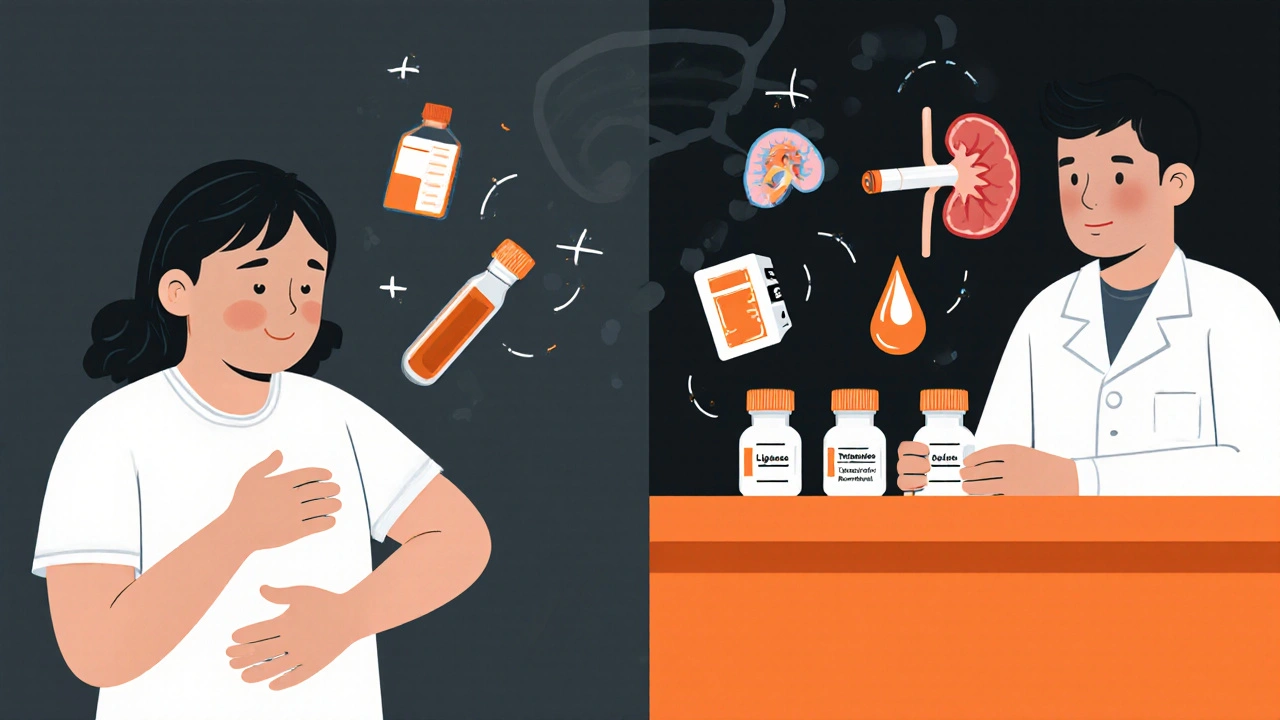 Patient with abdominal pain beside lab vials and icons for alcohol, cigarettes, and triglycerides.