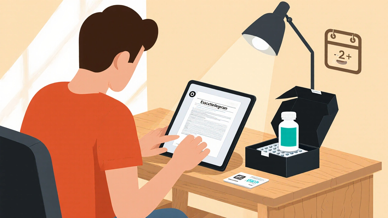 Person uploading prescription on tablet, opening discreet box with generic medication.