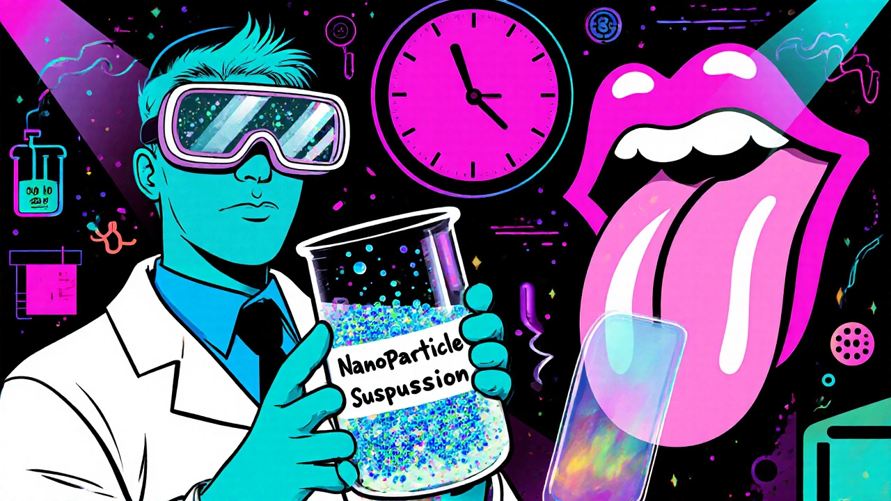 Scientist holds a glowing nanoparticle suspension while a dissolving film rests on a cartoon tongue.