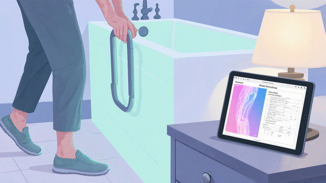Senior using home safety aids while a DXA scan image displays bone density.