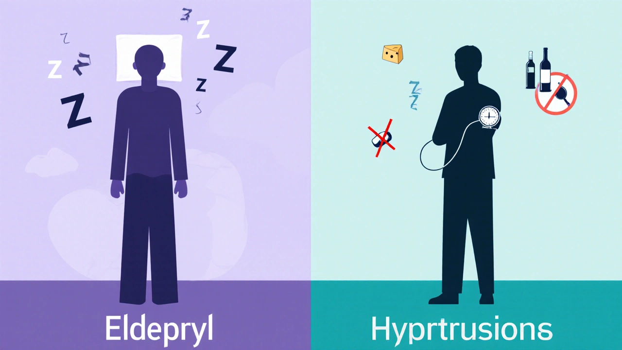 Side‑by‑side silhouettes showing insomnia and hypertension icons with crossed cheese and wine symbols.