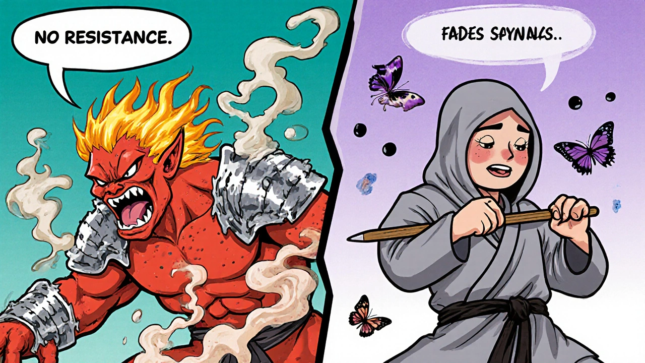 Split-screen battle: harsh benzoyl peroxide demon vs. calm azelaic acid ninja healing skin.