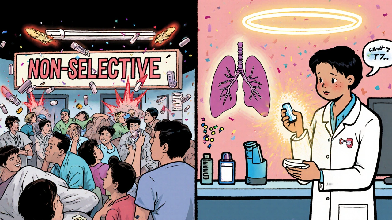 Split-screen cartoon: chaotic ER with dangerous pills vs calm clinic with safe beta-blockers and expanding lungs.