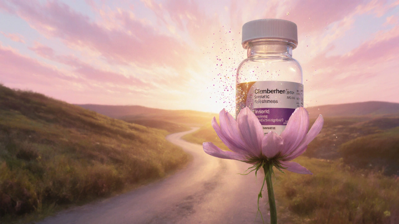 Sunrise scene where a medication bottle morphs into a blooming flower, symbolizing hope and fertility.