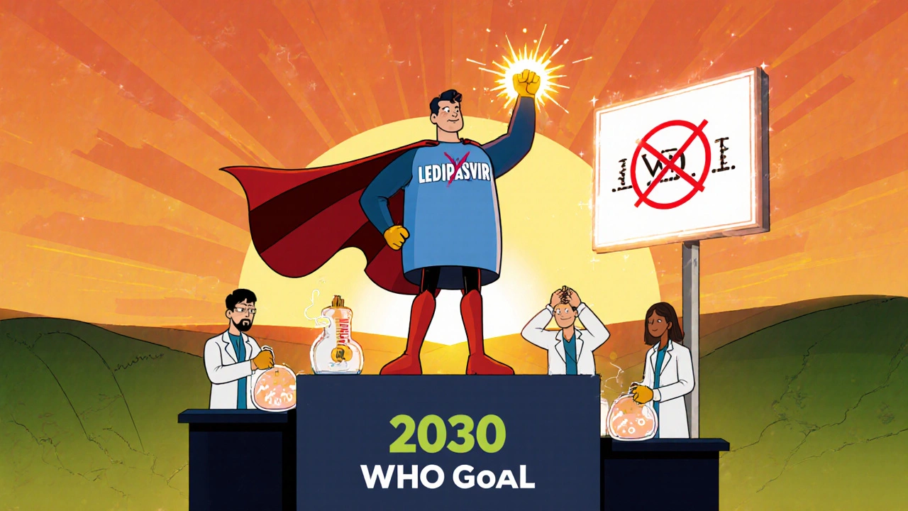 Superhero Ledipasvir pill leading a future HCV cure with scientists and sunrise.