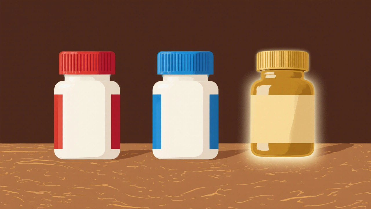 Three different pill bottles on a table representing brand, generic, and discount versions.