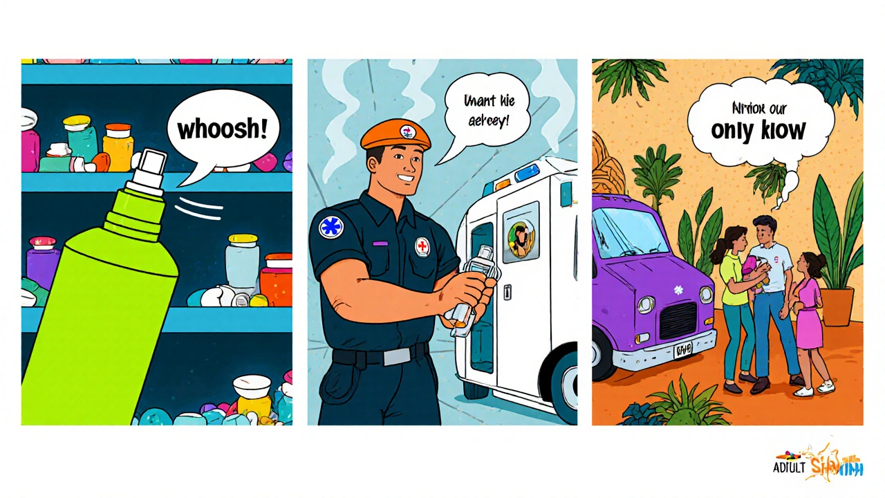 Three panels showing nasal spray, injection, and auto‑injector in cartoon settings.