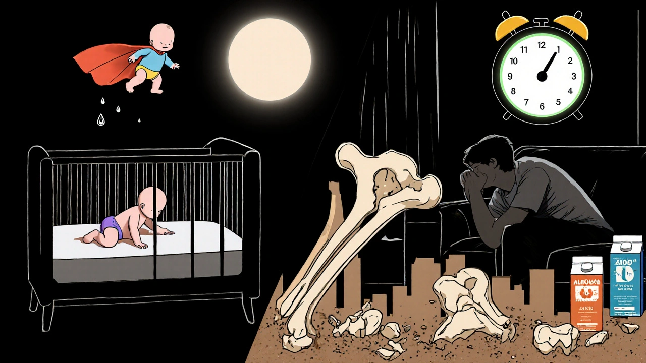 A baby receiving vitamin D drops at night versus a teen isolated indoors with unopened plant milks.