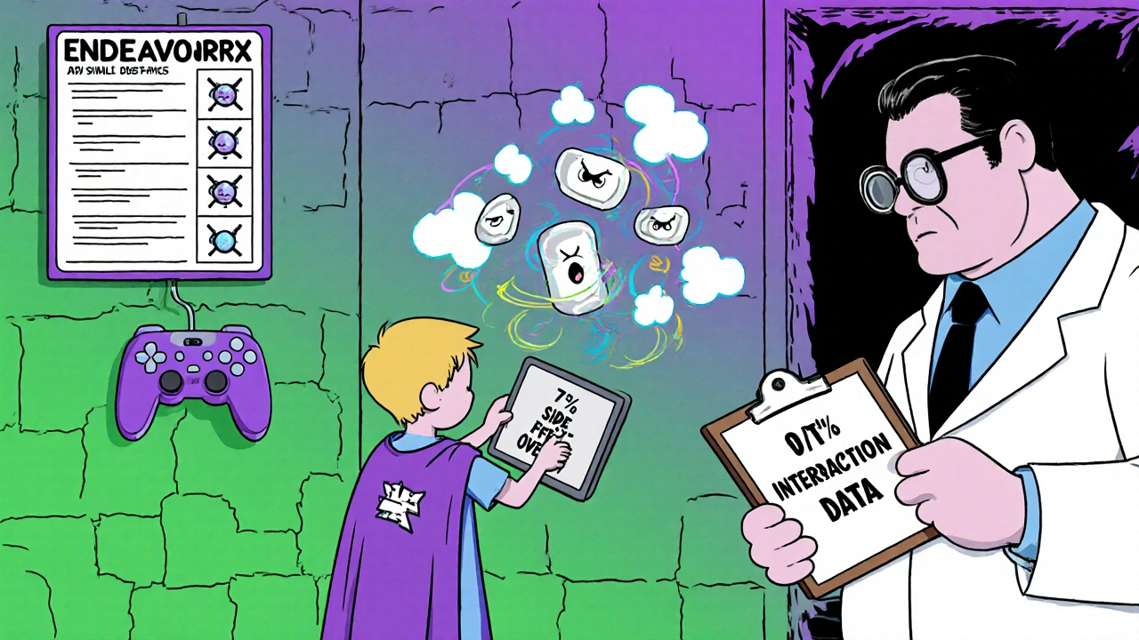 A child playing a therapeutic video game while ADHD meds float angrily nearby with side effect clouds.