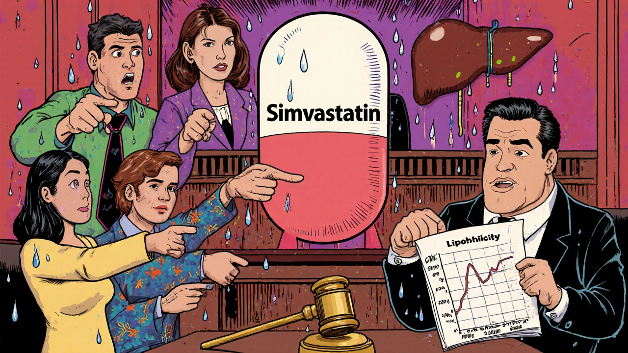 A courtroom inside a brain where neurotransmitters trial a statin pill for disrupting sleep.