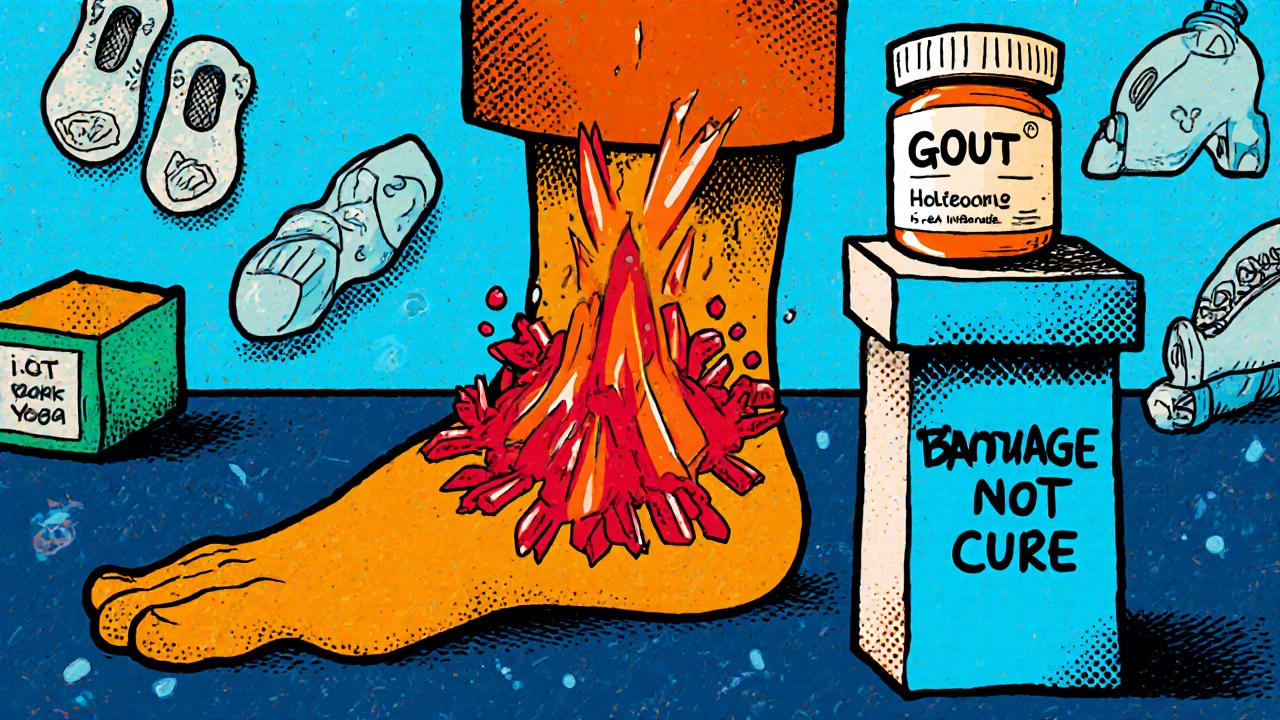 A foot volcano erupting gout crystals, ignored by a pill on a pedestal amid treatments.
