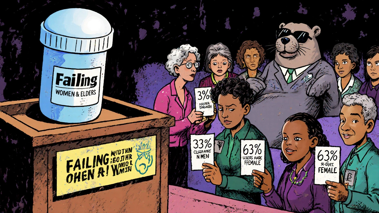 A generic pill on trial before a jury of patients, with evidence scrolls and a judge in sunglasses.