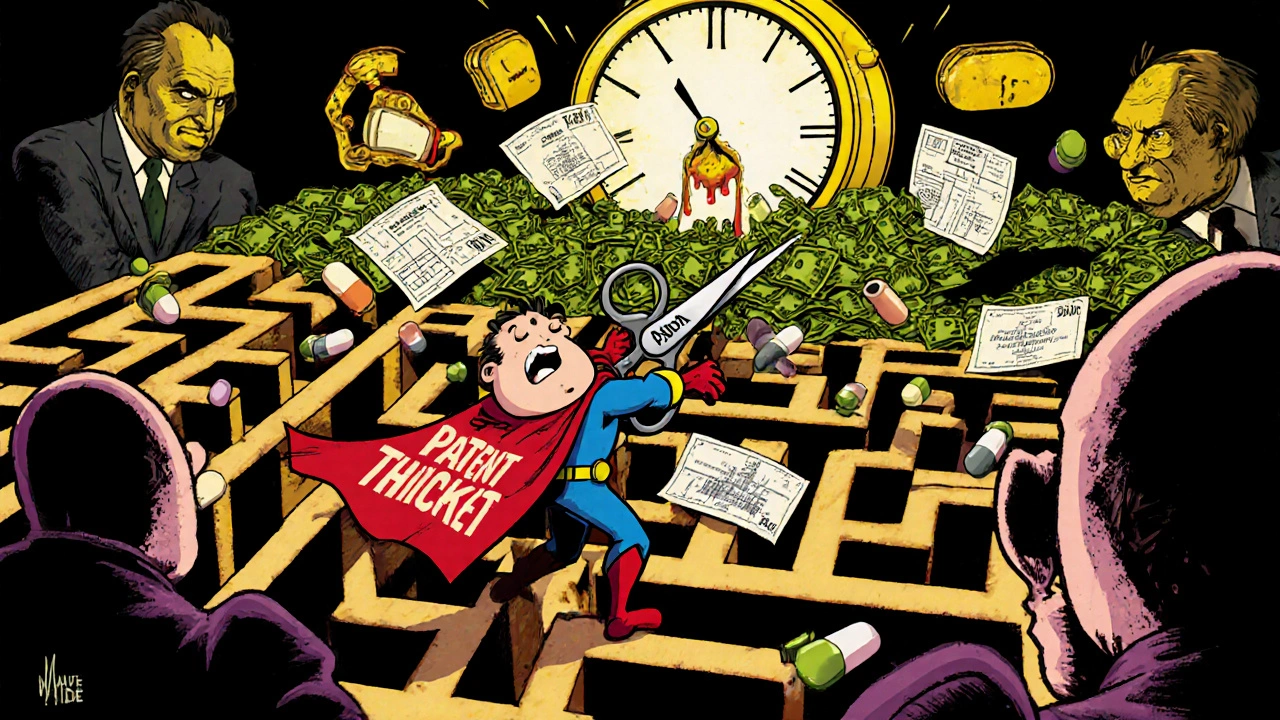 A generic superhero navigating a maze of floating patents in a surreal corporate labyrinth.